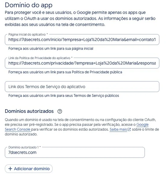Tela Branding do Google Cloud com a página inicial, a política de privacidade e o domínio autorizado preenchidos