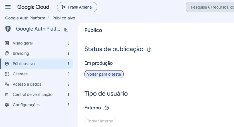 Tela do Google Cloud com o status de publicação Em produção